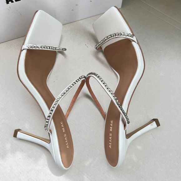 Alias Mae Lexa Mule Heel Sandal Size 39 in Ivory Leather Rhinestoned - Picture 6 of 12